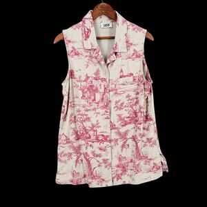 Lucia Womens Sleeveless Button Front Top Toile Print Natural White Sz M Novelty